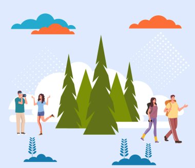 Turistler, karakterler orman doğası kavramını benimsiyor. Vektör düz grafik tasarım çizgi film illüstrasyonu