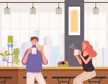 İnsanlar, ara verip kahve içen ve kafeteryada tatlı yemek yiyen karakterlerle arkadaş olurlar. Vektör düz grafik tasarım çizgi film illüstrasyonu