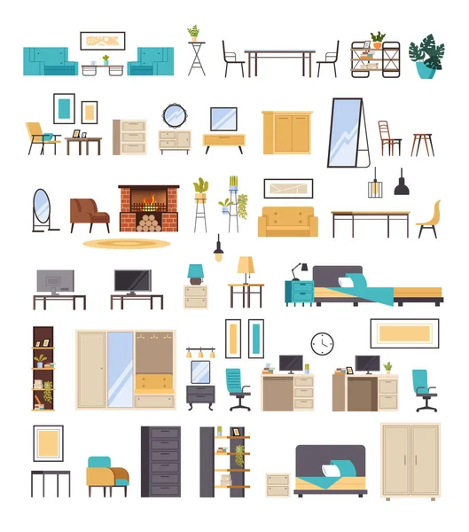Home Domestic Room Furniture Isolated Set Vector Flat Graphic Design — Stock Vector