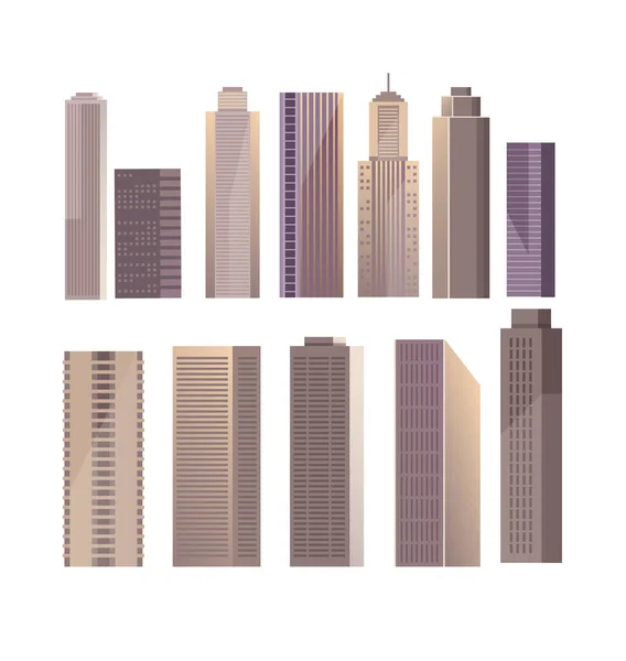Moderno Edificio Grattacielo Isolato Set Illustrazione Del Fumetto Disegno Grafico — Vettoriale Stock