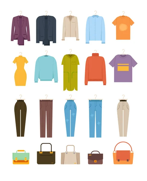 Erkek Kadın Farklı Giysiler Ayrı Çantalar Vektör Düz Grafik Tasarım — Stok Vektör