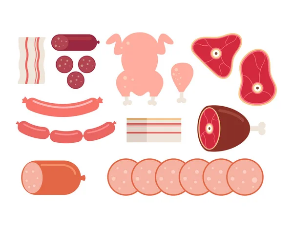 Conjunto Aislado Carne Cruda Salchichas Ilustración Dibujos Animados Diseño Gráfico — Vector de stock