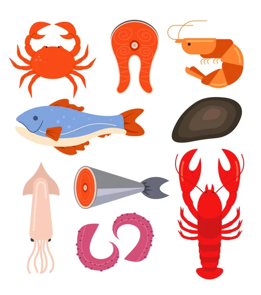 Row Seafood Isolated Set Vector Flat Graphic Design Cartoon Illustration — Stock Vector