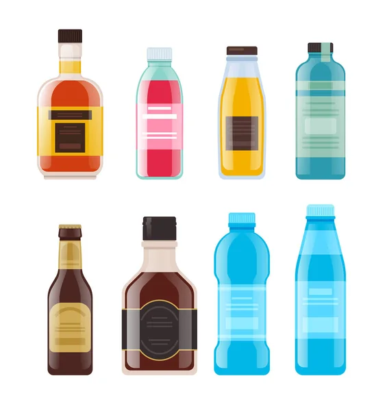 Alcohol Water Juice Bottle Isolated Set Vector Flat Graphic Design — Stock Vector