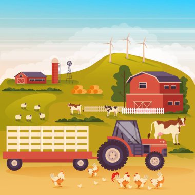 Çiftlik arazisi kırsal konsepti. Vektör düz çizgi film grafik tasarım çizimi
