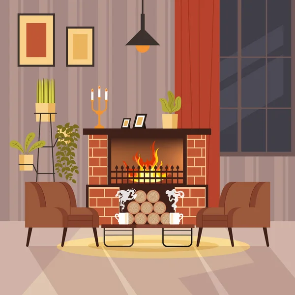 Home Interior Fireplace Concept Vector Flat Cartoon Graphic Design Illustration — Stock Vector