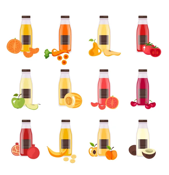 ボトル分離セットの果物野菜ジュース ベクトルフラット漫画グラフィックデザインイラスト — ストックベクタ