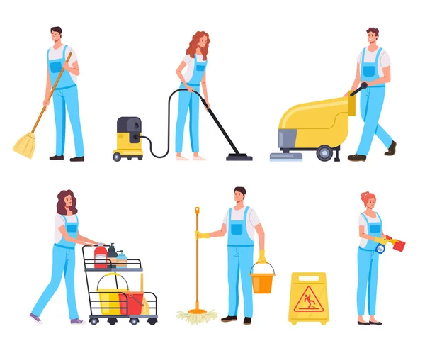 Cleaning People Team Characters Isolated Set Vector Flat Cartoon Graphic — Stock Vector