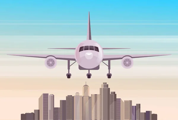 Avión Vuela Por Encima Del Concepto Edificios Urbanos Vector Plano — Vector de stock