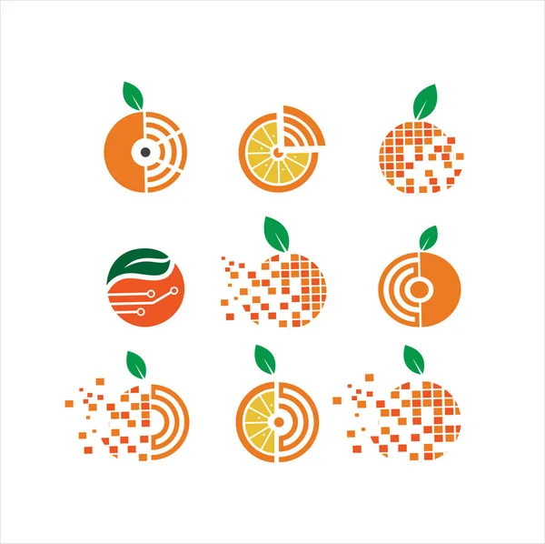 Set Orange Tech Logo Fresh Fruit Nutrition Health Nature Set — Vector de stock