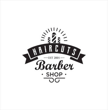 Berber Logosu Tasarımı Siluet Vektör Stok beyaz arka planda. Saç kesimi Logo Vintage Hispter rozeti .