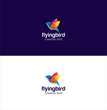 Soyut Kuş Logosu Yaratıcı tabela ile koyu mavi ve beyaz arka plan. Renkli Kuş Logosu Simgesi Tasarımı. Uçan Kuş Renkli Logo Çizimi