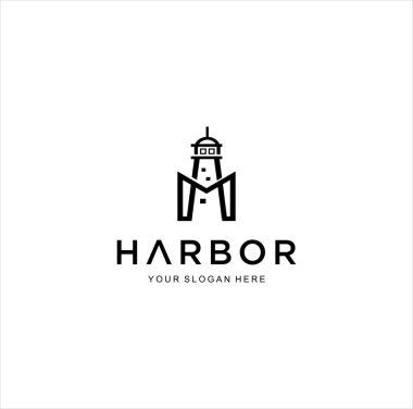 Klasik deniz feneri logosu tasarım silueti. Liman logosu Retro Hipster Vektör İllüstrasyonu