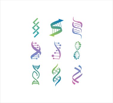DNA genetik işareti, simgeler ve element koleksiyonu. Renkli DNA sembolü izole edildi. DNA logo vektörü.