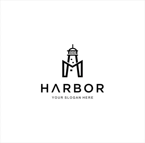 Klasik Deniz Feneri Logosu Tasarım Silueti Liman Logosu Retro Hipster — Stok Vektör