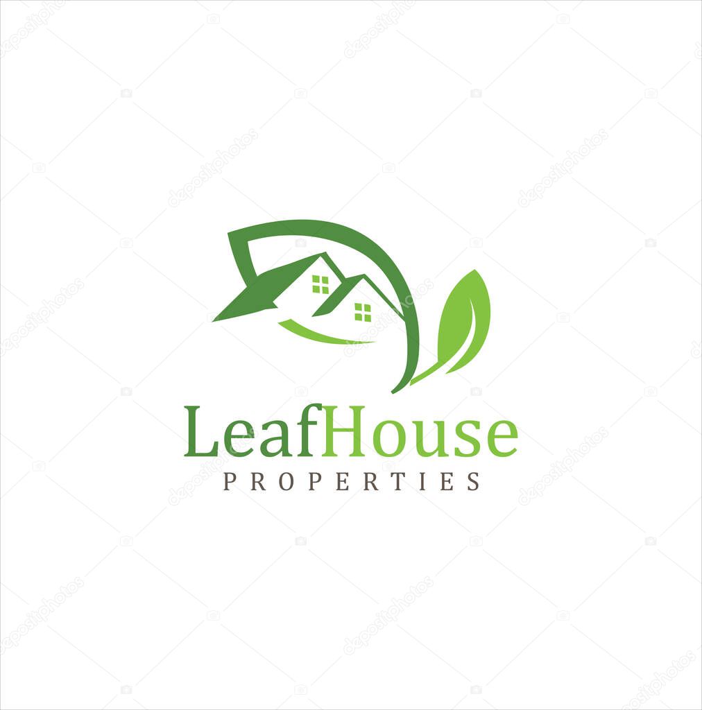 Green Leaf House Logo Design Concept Illustration . House nature logo . Health House Logo .Nature Real Estate Logo . Green house logo Design. Home garden logo .