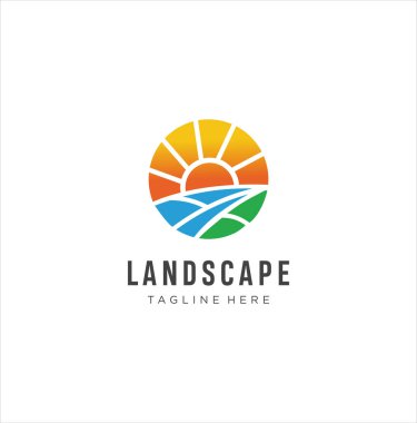Bahçe ve bahçe işleri için peyzaj logosu. Alan Logo Vektöründe Gün Batımı veya Gün Doğumu Resimleri