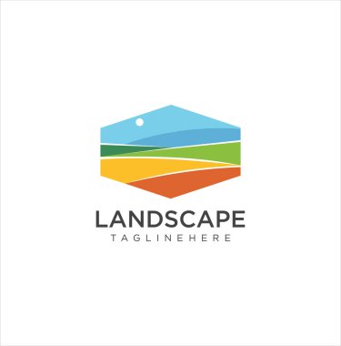 Bahçe ve bahçe işleri için peyzaj logosu. Alan Logo Vektöründe Gün Batımı veya Gün Doğumu Resimleri