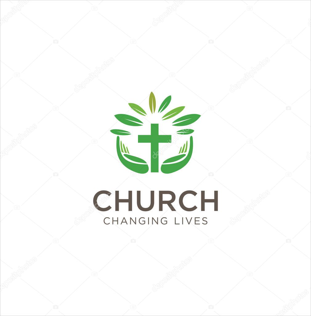 Nature Church Logo . Christian Logo Design Inspiration Stock . Praying hand holding cross religion church logo