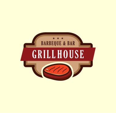 Izgara menü logo etiketi, eski model rozet seti, etiket, sosisli sandviç, biftek lokantası, ızgara menüsü için logo tasarım şablonları.