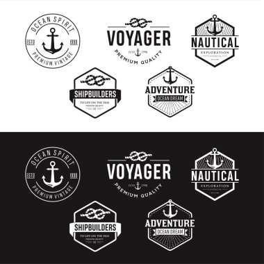 Denizcilik Logosu Rozetleri, Etiketler Serbest Tırmanışlar, Vektörler ve Hisse İllüstrasyonu. Klasik Deniz Logosu İpi Hipster Retro