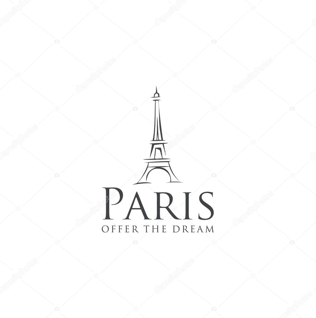 Eiffel Tower Logo Design Template Paris with a white background . Eifel tower Paris Logo Design silhouette Retro Hipster