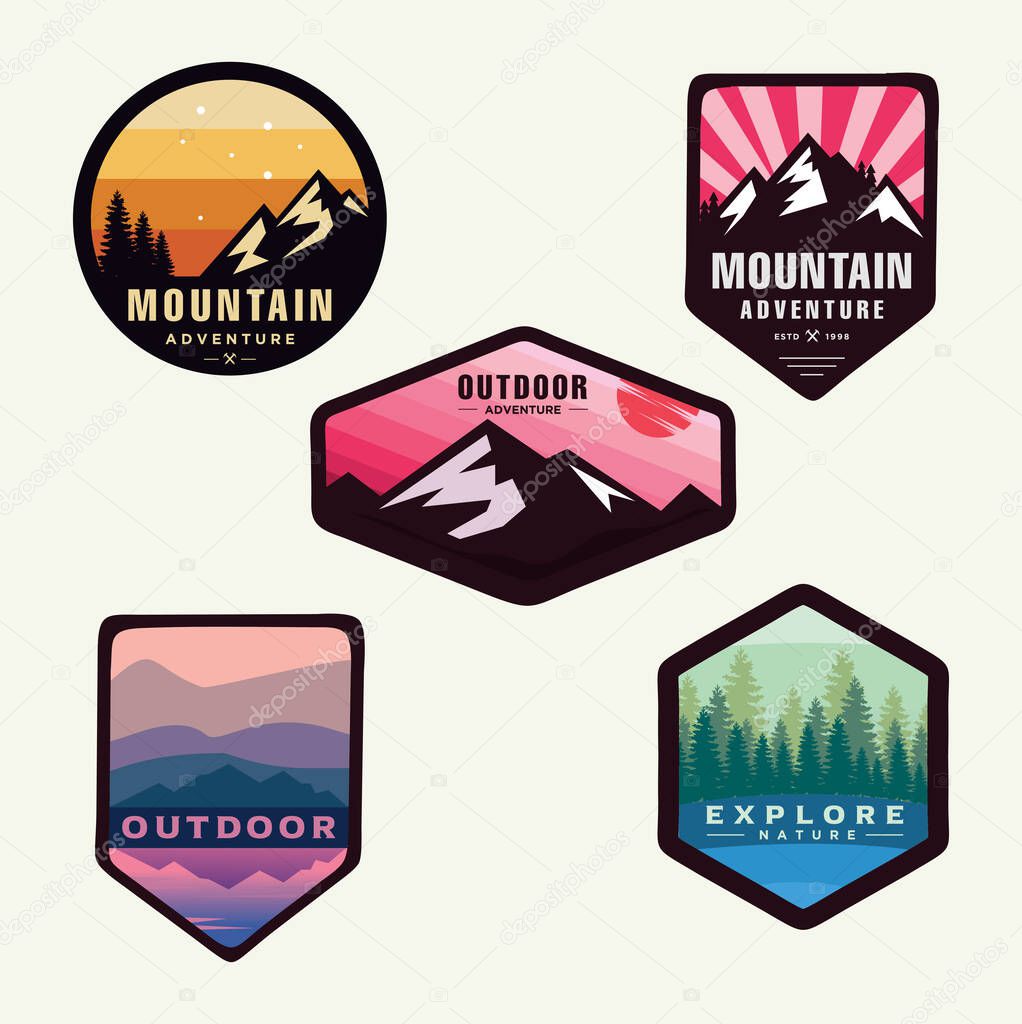 Set Of Logo Mountain, Badges, Banners, Emblem For Mountain, Hiking, Camping, Expedition And Outdoor Adventure. Exploring Nature.