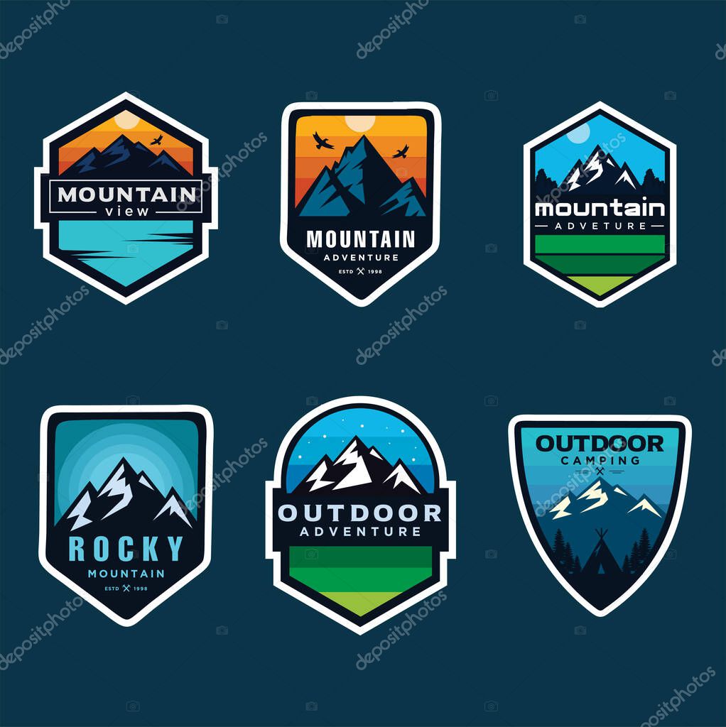 Set Of Mountain Logo Outdoor Adventure, Badges, Banners, Emblem For Mountain, Hiking, Camping, Expedition And Outdoor Adventure. Exploring Nature.