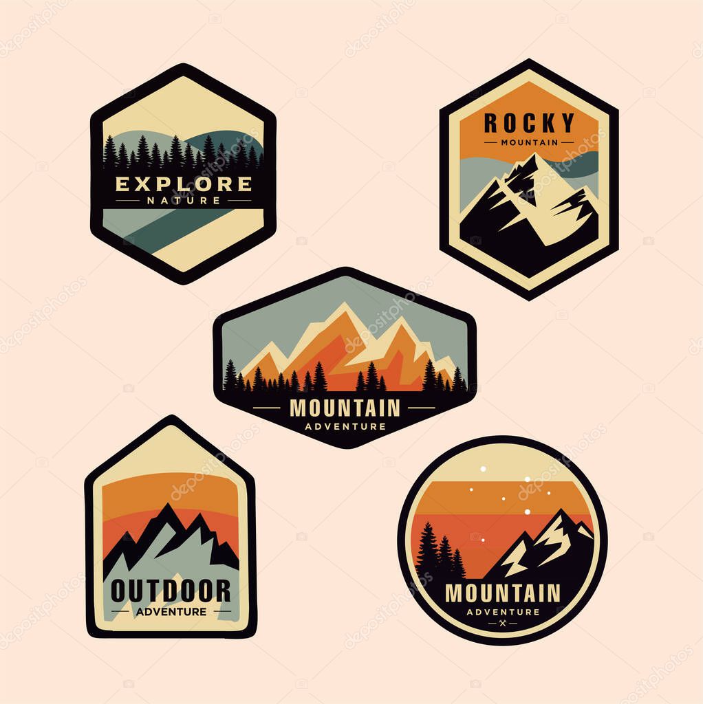 Set Of Logo Mountain, Badges, Banners, Emblem For Mountain, Hiking, Camping, Expedition And Outdoor Adventure. Exploring Nature.