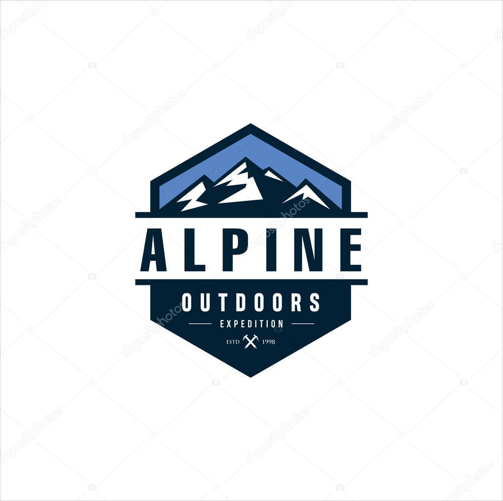 Alpine Mountain Adventure logo . Mountain Outdoor Logo Design ,Hiking, Camping, Expedition And Outdoor Adventure. Exploring Nature