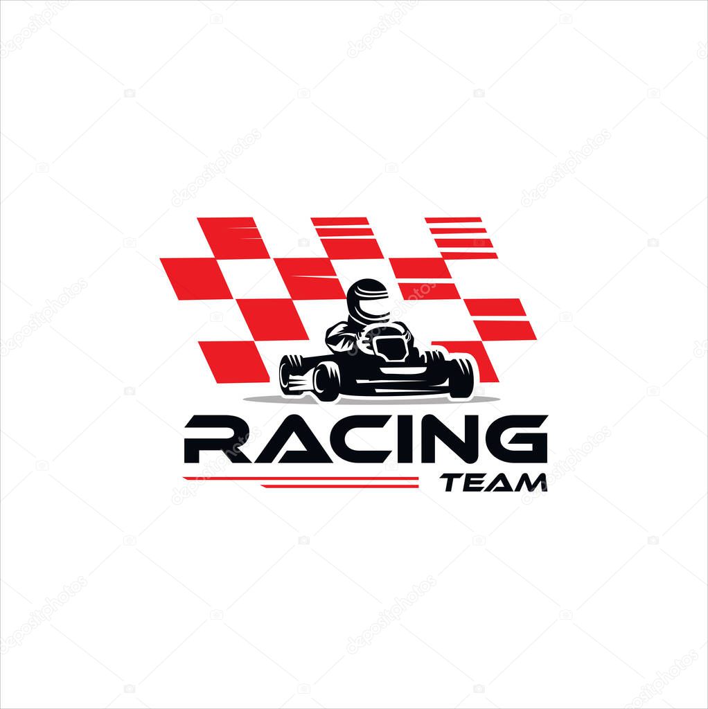Karting race symbol logo emblem template vector image . Go kart logo Vector . Kart driver sport logo icon.Man drive kart in helmet background design
