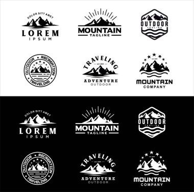 Outdoor Adventure Amblem Amblem Amblem Siluet Tasarımı için Dağ ve Deniz setleri Eski Hippi Retro Yürüyüşü ilham kaynağı