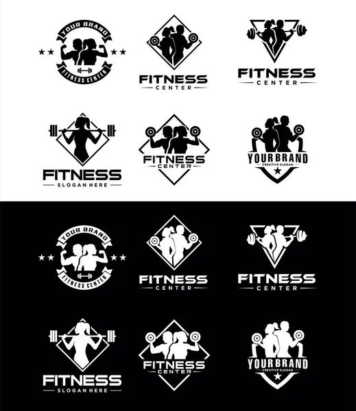 Zestaw Sylwetki Logo Centrum Fitness Logo Sportowe Fitness Design Ikona — Wektor stockowy