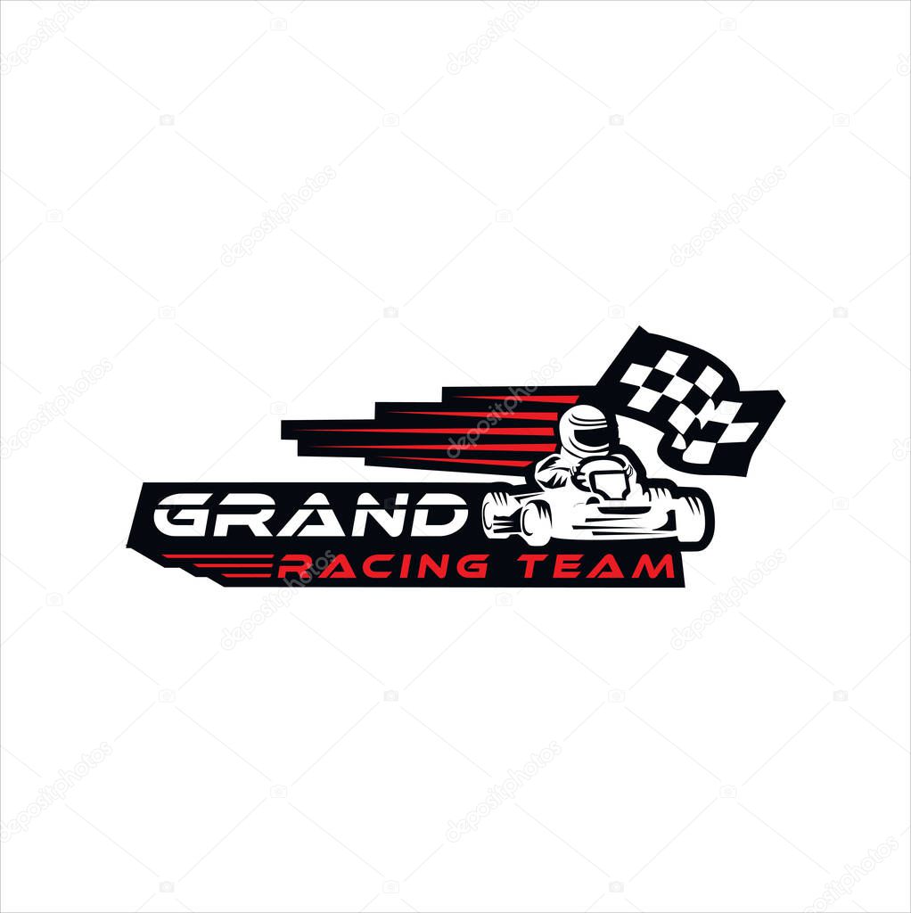 Karting race symbol logo emblem template vector image . Go kart logo Vector . Kart driver sport logo icon.Man drive kart in helmet background design