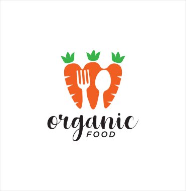 Havuç çatal bıçak logosu tasarımı. Çatal bıçaklı havuç logosu tasarımı. Sağlıklı Gıda Logosu tasarımı. Sebze logosu tasarım vektörü