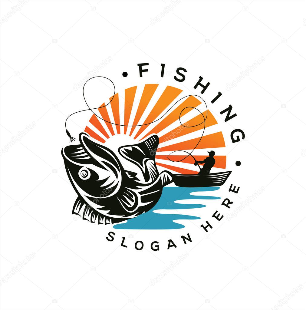 Fishing logo design template. Fishing logo bass fish with club emblem fishing . Sportfishing Logo . fisherman logo