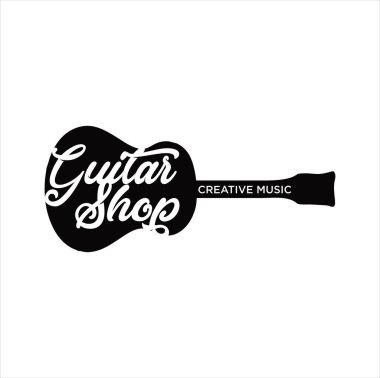 Gitar logosu Vintage Hipster Retro, Gitar Okulu Logosu, Festival Müzik Rock logosu, Rock n Roll müzik logosu, semboller, etiketler ve tasarım elemanları.. 