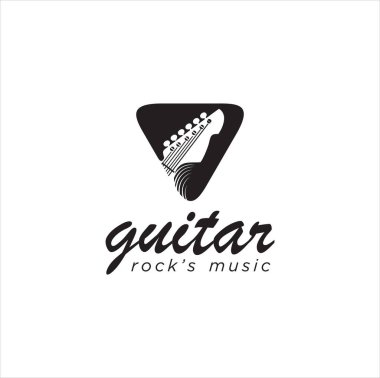 Gitar logosu Vintage Hipster Retro, Gitar Okulu Logosu, Festival Müzik Rock logosu, Rock n Roll müzik logosu, semboller, etiketler ve tasarım elemanları.. 