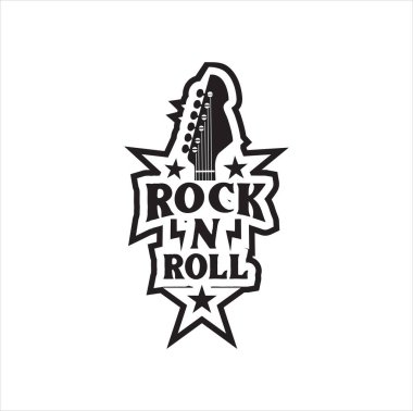 Gitar logosu Vintage Hipster Retro, Gitar Okulu Logosu, Festival Müzik Rock logosu, Rock n Roll müzik logosu, semboller, etiketler ve tasarım elemanları.. 