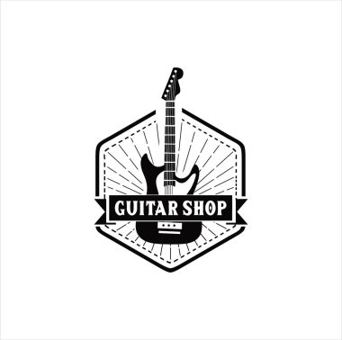 Gitar Logosu Tasarım Vektörü İllüstrasyonu. Gitar Dükkanı Logosu. Rock müzik festivali logosu Vintage Hipster Retro, Rock n Roll Logo Tasarımı