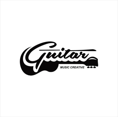 Gitar Logosu Tasarım Vektörü İllüstrasyonu. Gitar Dükkanı Logosu. Rock müzik festivali logosu Vintage Hipster Retro, Rock n Roll Logo Tasarımı