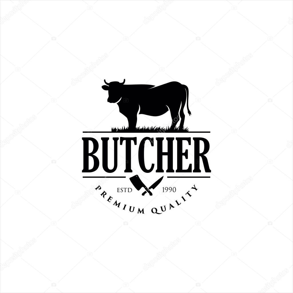 Retro Vintage Cattle Angus Beef Emblem Label logo design vector, Angus Cow Logo, Cattle Farm Logo Angus Cow Farm, beef cattle ,Aberdeen Angus, Cow Logo Vintage