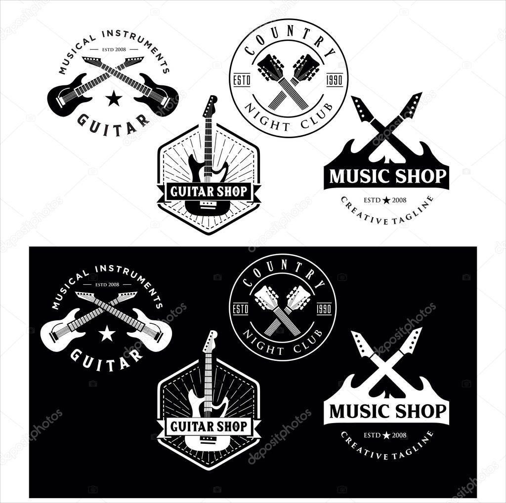 Set Of Guitar logo Vintage Hipster Retro, Guitar School Logo,  Festival Music Rock logo, Rock n Roll music logo, symbols, labels ,and design elements. 