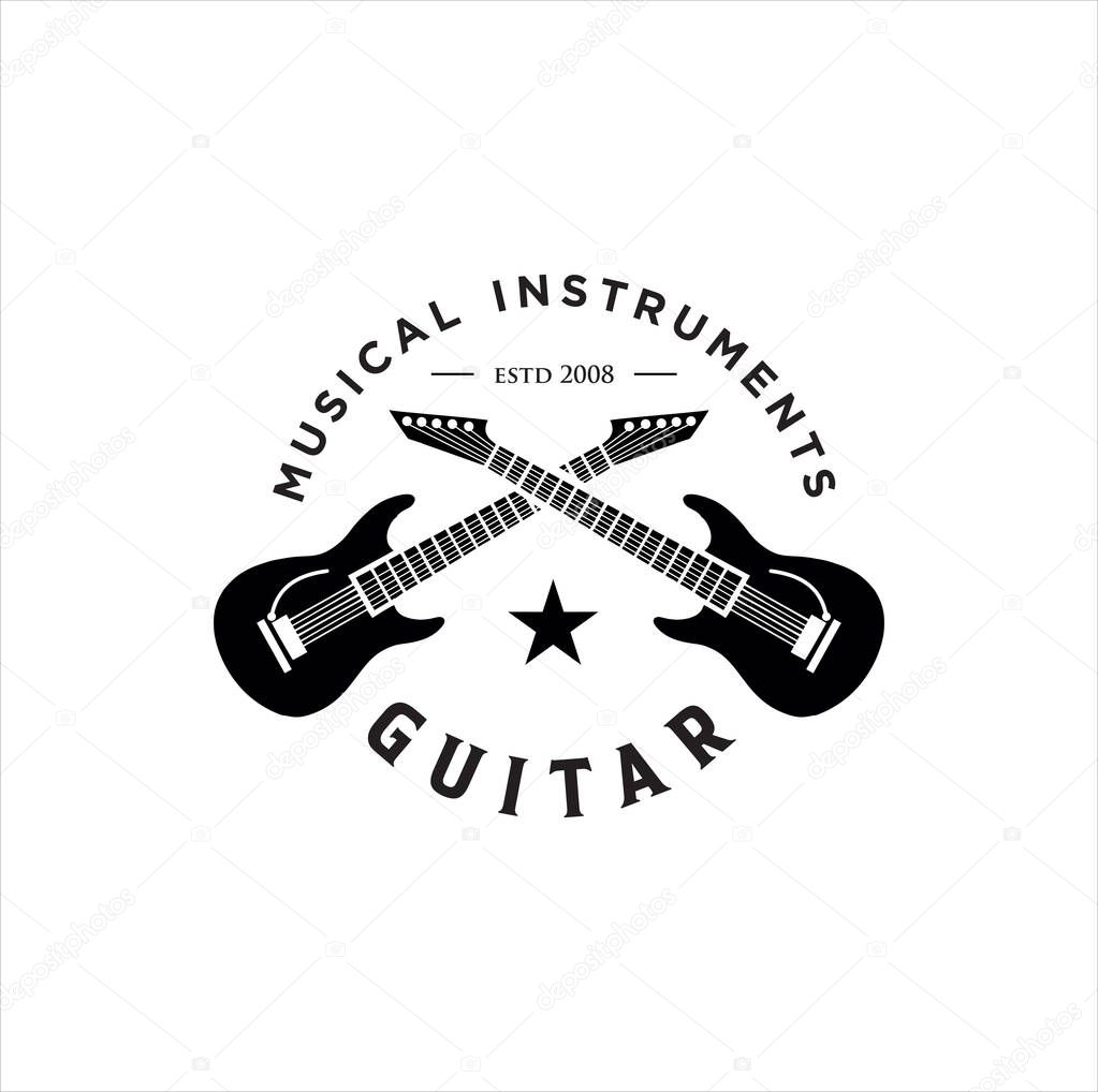 Guitar logo Design Vector Stock Illustration . Guitar Shop Logo . Rock music festival logo Vintage Hipster Retro , Rock n Roll Logo Design