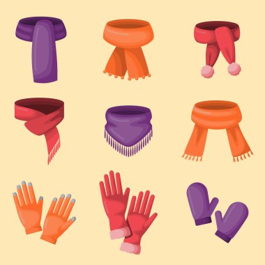 Set of vector icons of scarves, gloves and mittens. Winter accessories on isolated background. Raspberry, purple, orange scarfs, mittens gloves in a flat style