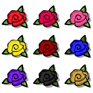 İzole güller. Kırmızı, pembe, mor, bordo, mavi, sarı, siyah, altın rengi. Dekorasyon ve tasarım için vektör gülleri