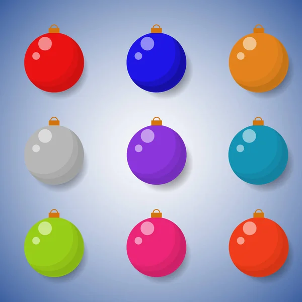 Векторный набор рождественских шаров. Рождественские игрушки изолированы. Рождественские елки игрушки для оформления открыток, листовок. Разноцветные рождественские шары в плоском стиле — стоковый вектор