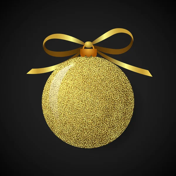 Векторный золотой блестящий рождественский бал с лентой. Золотые рождественские украшения для оформления открыток, листовок и другой дизайнерской продукции — стоковый вектор
