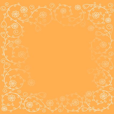 Dekorasyon için vektör çiçek arkaplanı. Turuncu arka plandaki çiçek deseninden bir çerçeve. Tasarım şablonu. Metin için yer, daire içinde resimler