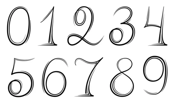 Čísla nastavují 0-9 ručně kreslený kaligrafický styl černě na bílém pozadí. Prvky šablony návrhu vektoru — Stockový vektor